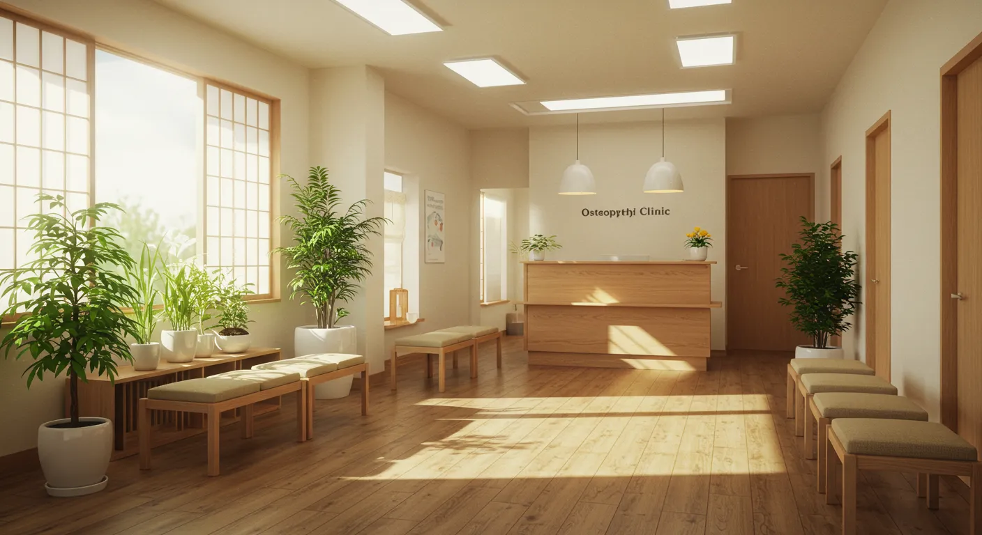 待合スペース（木の家具と観葉植物のある明るい空間）