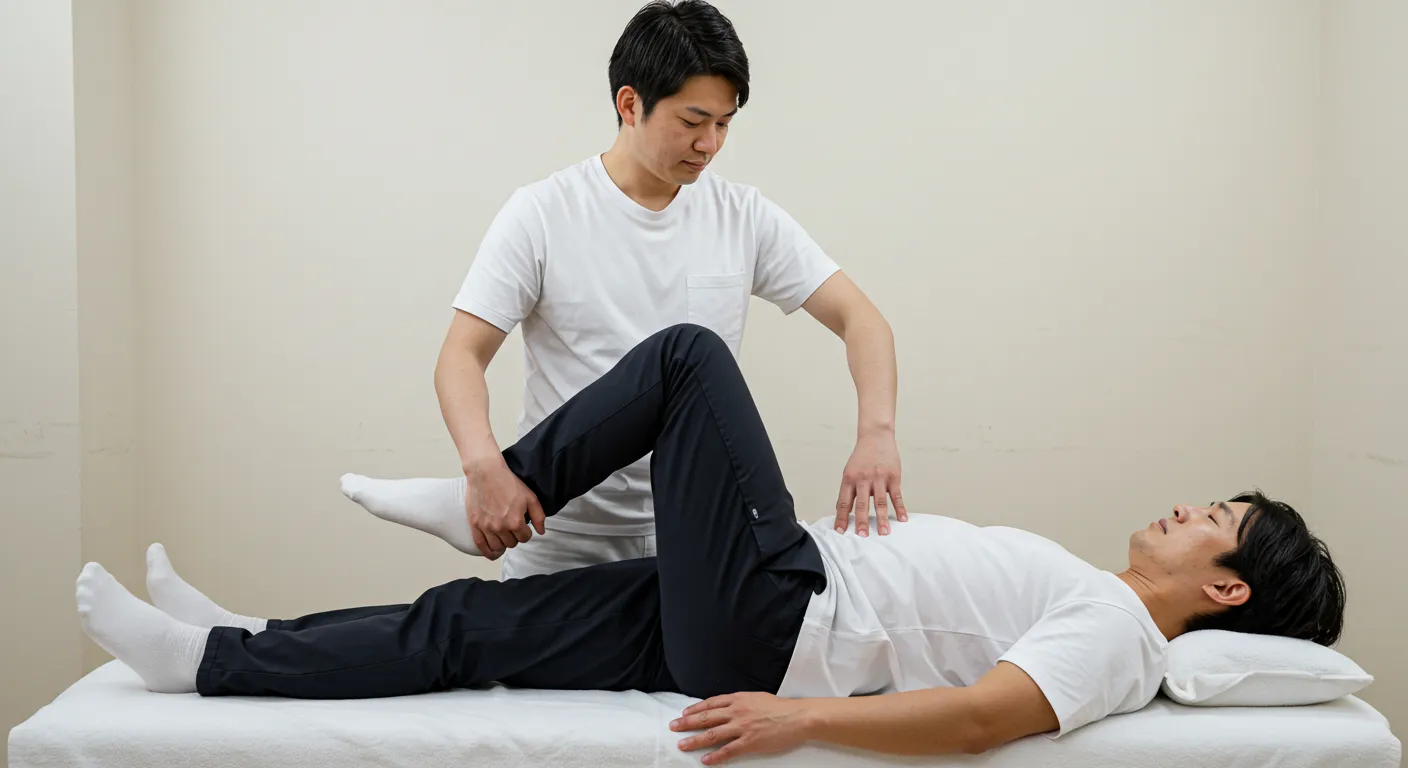 姿勢調整の様子(膝と骨盤を支えながら整えている)