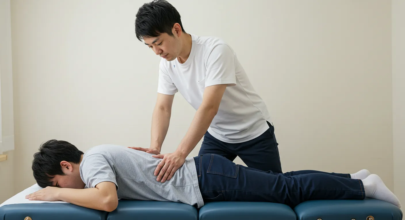 整体院やわらぎの施術風景（整体師がうつ伏せの患者に丁寧に圧をかけている）